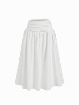 Cider - Linen-Blend Women Mid-Rise Drawstring A-Line Midi Skirt Cream