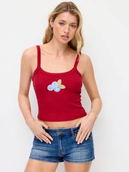 Cider - Fruit Applique Women’s Square Neck Sleeveless Crop Tank Top Red