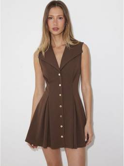 Cider - Collar Metal Detail Women's Sleeveless Flared Mini Dress Brown