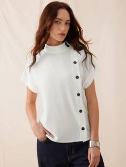 Cider - High Neck Women's Button Detail Short Sleeve Blouse White