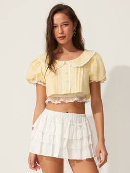 Cider - Peter Pan Collar Women's Puff Sleeve Lace Trim Crop Blouse Yellow