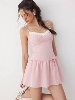 Cider - Tweed Sweetheart Women's Bow Ruffle Flared Mini Dress Pink