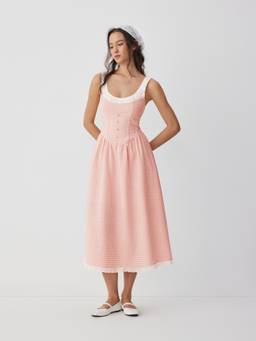 Cider - Gingham Women's Lace-Up Square Neck Maxi Dress Pink