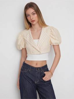 Cider - Cotton Blend Women Striped Puff Sleeve Crop Blouse Pink