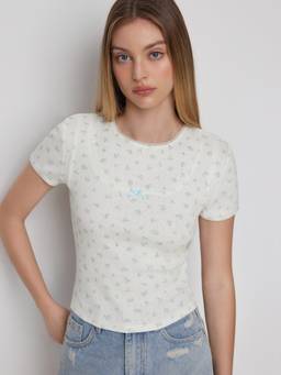 Cider - Textured Ditsy Floral Women's Bow Detail Short Sleeve Top White