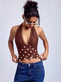 Cider - Polka Dot Women Lace Panel Halter Neck Crop Tank Top Brown