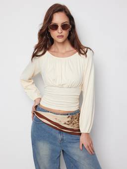 Cider - Ruched Puff Sleeve Women's Boat Neck Blouse Beige