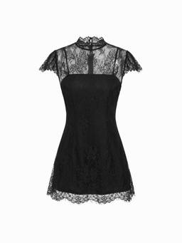 Cider - Lace Women's Round Neck A-Line Mini Dress Black