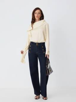 Cider - Satin Women's Asymmetrical Neck Long Sleeve Blouse Beige