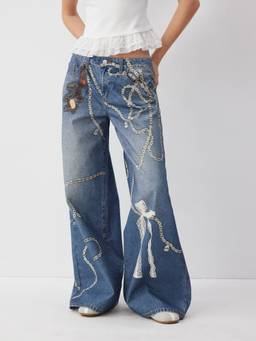 Cider - Denim Women's Low-Rise Graphic Wide-Leg Jeans Navy Blue