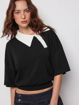 Cider - Knit Colorblock Women Oversized Collared Short Sleeve Top Black