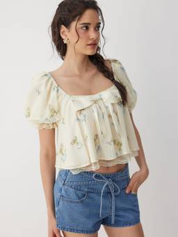 Cider - Chiffon Floral Women's Bow Square Neck Puff Sleeve Crop Top Cream