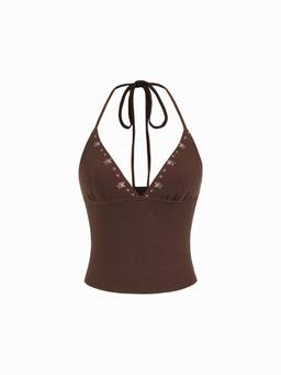 Cider - Cotton Blend Women Floral V-Neck Sleeveless Crop Top Brown