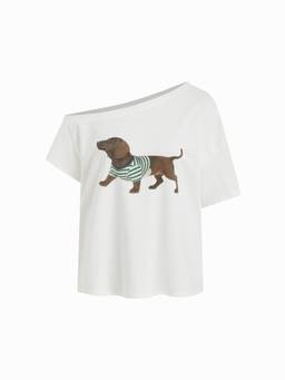 Cider - Cotton Blend Women's Graphic Asymmetrical Neck Oversized T-Shirt Cream