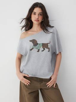Cider - Dachshund Graphic Women's Asymmetrical Neck Oversized T-Shirt Grey