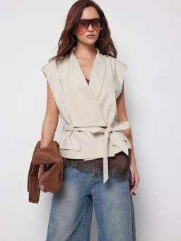 Cider - Linen-Blend Women’s Wrap Belted V-Neck Blazer Vest Ecru