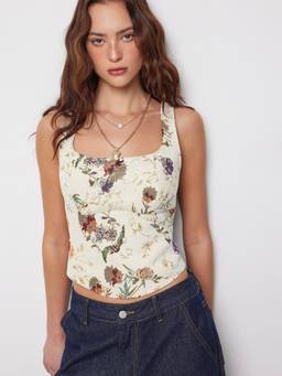Cider - Floral Lace-Up Women's Scoop Neck Crop Tank Top Beige