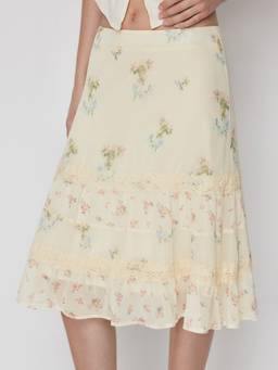 Cider - Chiffon Ditsy Women's Low-Rise Tiered Lace Trim Midi Skirt Cream