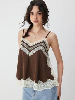 Cider - Lace Panel Women’s V-Neck Split Cami Top Coffee