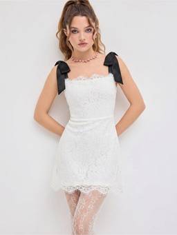 Cider - Lace Bowknot Women Two Tone A-Line Mini Dress White