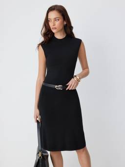 Cider - Knit Women's Sleeveless Stand Collar Belted Midi Dress Black