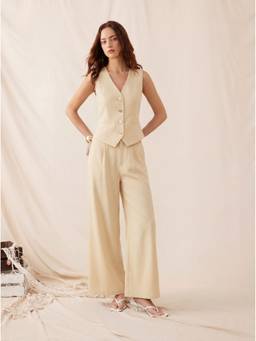 Cider - Metal Button Women's V-Neck Pocket Wide-Leg Jumpsuit Yellow
