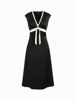 Cider - Satin Women's V-Neck Lace Trim A-Line Maxi Dress Black
