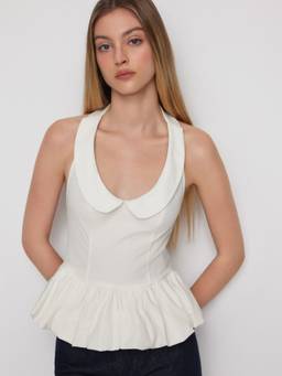 Cider - Cotton Blend Women Sleeveless Peter Pan Collar Peplum Blouse White