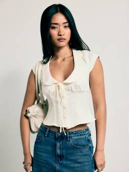 Cider - Satin Women Peter Pan Collar Tie-Up Crop Blouse Cream