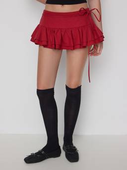Cider - Linen Blend Women Low Rise Knotted Ruffled Mini Skort Red