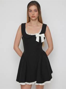 Cider - Cotton-Blend Women's Bow Ruffled A-Line Mini Dress Black