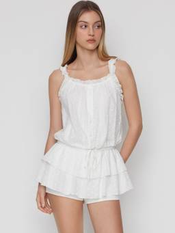 Cider - Lace Textured Women’s Square Neck Ruffled Romper White