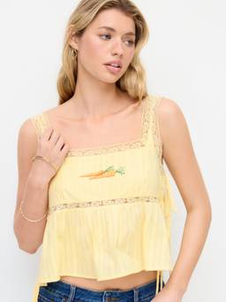 Cider - Jacquard Women's Carrot Embroidered Square Neck Crop Top Yellow