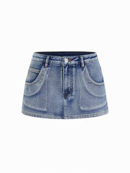 Cider - Washed Denim Women Mid-Rise Slim Mini Skirt Navy Blue