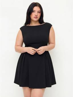 Cider - Curve & Plus Women's Boat Neck Flared Mini Dress Black
