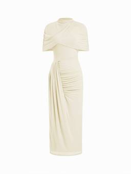 Cider - Mesh Women's High Neck Ruched Mermaid Maxi Dress Cream