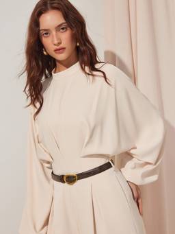 Cider - High Neck Women's Puff Sleeve Wide-Leg Jumpsuit With Belt Beige