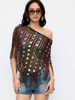 Cider - Sequin Fringe Women’s Oversized Asymmetrical Poncho Top Brown