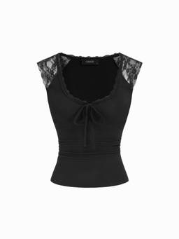 Cider - Cotton Blend Women Lace Panel Tie-Front Tank Top Black