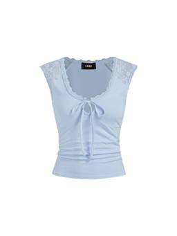 Cider - Cotton Blend Women Lace Panel Tie-Up Scoop Neck Tank Top Blue