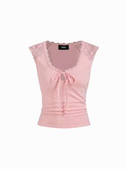 Cider - Cotton Blend Women Lace Panel Tie-Front Scoop Neck Tank Top Pink