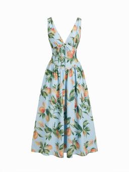 Cider - Fruit Graphic Women V-Neck Draped Flared Maxi Dress Blue