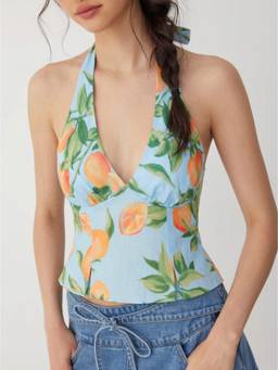 Cider - Fruit Graphic Women Halter V-Neck Tie-Up Blouse Blue