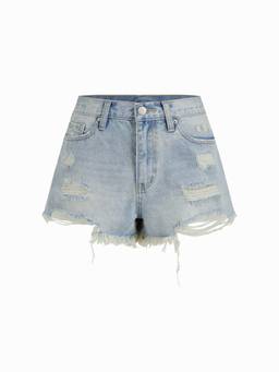 Cider - Washed Denim Women's Low Rise Distressed Raw Hem Denim Shorts Blue