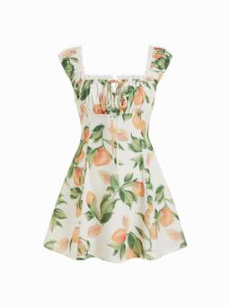 Cider - Fruit Print Women's Ruched Square Neck A-Line Mini Dress Cream