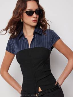 Cider - Striped Colorblock Women's Slim Fit Short Sleeve Blouse Black