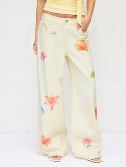 Cider - Washed Denim Women's Low Rise Floral Wide Leg Trousers Beige