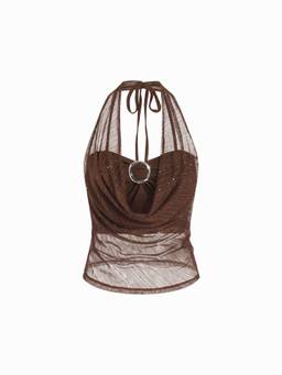 Cider - Textured Mesh Women Ruched Cowl Neck Top Brown