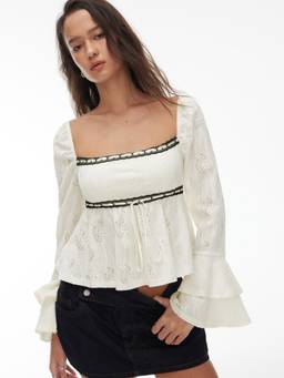 Cider - Jacquard Women’s Lace Floral Square Neck Peplum Top Cream