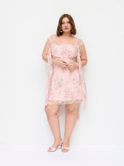 Cider - Lace Floral Women's Ruched Ruffle Hem Mini Dress Pink